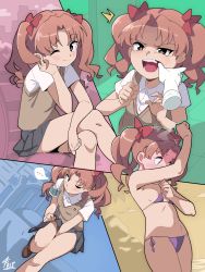 1girl 1other armband artist_name bikini blouse blush brown_eyes brown_hair collared_shirt embarrassed female_focus flat_chest green_armband grey_skirt hair_ribbon highres looking_at_viewer medium_hair micro_bikini multiple_views navel needle nipple_slip nipples one-piece_swimsuit one_eye_closed open_mouth parted_bangs pleated_skirt purple_one-piece_swimsuit ribbon school_uniform shirai_kuroko shirt shokuhou_misaki short_sleeves side-tie_bikini_bottom skirt sleepy_frippy solo_focus sweater_vest swimsuit teeth thigh_strap thighs throwing_needles toaru_kagaku_no_railgun toaru_majutsu_no_index tokiwadai_school_uniform twintails white_shirt