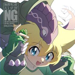 1boy bakuten_shoot_beyblade beyblade beyblade_(object) blonde_hair blue_eyes genbu gloves green_gloves green_shirt grey_background holding male_focus mizuhara_max partially_fingerless_gloves shirt short_hair solo_focus tkoknmy0321 twitter_username upper_body watermark