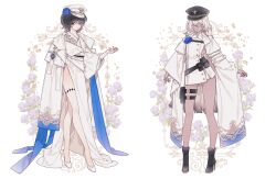2girls belt belt_pouch black_belt black_hair black_hat black_pouch black_shoes blue_eyes blue_flower boots buttons cape coat commentary commission dark-skinned_female dark_skin dress embroidery floral_background flower full_body hair_between_eyes hair_flower hair_ornament hat high_heel_boots high_heels lemon89h long_hair looking_at_viewer multiple_girls original peaked_cap pink_nails pouch purple_flower rococo_movement shoes short_hair side_slit standing thigh_pouch thigh_strap white_coat white_hat white_shoes wide_sleeves