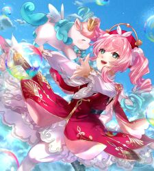 1girl aqua_hair beret bubble creature dress gradient_hair hat honkai:_star_rail honkai_(series) hyacine_(honkai:_star_rail) little_ica_(honkai:_star_rail) mady_(madine08260) multicolored_hair pantyhose pink_hair red_dress red_hat solo standing standing_on_one_leg twintails two-tone_hair white_pantyhose