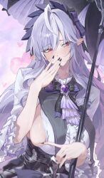1girl ahoge ascot black_bow black_bowtie black_nails black_skirt blush bow bowtie breasts center_frills clothes_lift commentary covering_own_mouth fingernails frilled_shirt frills gem hair_ribbon highres holding holding_umbrella large_breasts lifting_own_clothes long_hair long_sleeves looking_to_the_side mole mole_under_eye multicolored_hair nail_polish netural pink_background pink_eyes pointy_ears purple_ascot purple_bow purple_bowtie purple_gemstone purple_hair purple_nails purple_ribbon ribbon shirt shirt_lift sideboob skirt solo streaked_hair striped_bow two-tone_hair umbrella underbust vivian_(zenless_zone_zero) white_shirt zenless_zone_zero