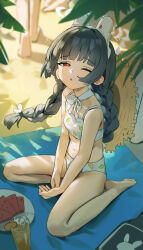 3girls absurdres animal_ears beach beach_mat bikini black_hair blue_archive blurry blurry_background braid breasts brown_hat commentary_request cup drinking_glass fake_animal_ears food fruit grey_halo halo hat hat_on_back highres leaf_print low_twin_braids miyu_(blue_archive) miyu_(swimsuit)_(blue_archive) multiple_girls official_alternate_costume official_alternate_hairstyle one_eye_closed open_mouth outdoors plate print_bikini qianyuu_(senba) rabbit_tail red_eyes small_breasts solo_focus squeans straw_hat swimsuit tail twin_braids watermelon watermelon_slice white_bikini