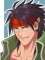 1boy black_hair blue_background closed_mouth collar collarbone commentary_request fire_emblem fire_emblem:_path_of_radiance green_collar hairband highres jewelry male_focus medium_hair naesala1063 nintendo red_hairband scar scar_on_face simple_background smile solo tibarn_(fire_emblem) upper_body yellow_eyes