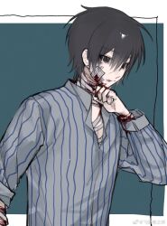 1boy alternate_universe bags_under_eyes bandaged_arm bandaged_chest bandaged_neck bandages bandaid bandaid_on_cheek bandaid_on_face black_eyes black_hair bleeding blood blood_on_arm blood_on_clothes blood_on_face blood_on_hands blood_on_neck bloody_bandages blue_background bruise bruise_on_face bruise_on_neck closed_mouth collared_shirt cuts dao_gui_yi_xian earrings grey_shirt hair_between_eyes hand_up highres hospital_gown injury jewelry li_huowang li_huowang_(modern_world) long_sleeves male_focus official_alternate_costume official_alternate_hair_length official_alternate_hairstyle parted_lips shigelaogutoukongle shirt short_hair simple_background sleeves_rolled_up solo striped_clothes striped_shirt upper_body vertical-striped_clothes vertical-striped_shirt watermark weibo_watermark