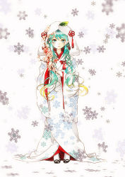 1girl female_focus green_eyes green_hair hatsune_miku japanese_clothes kimono long_hair matching_hair/eyes snowflakes solo uchikake vocaloid yamaha yuki_miku yuki_miku_(2013)