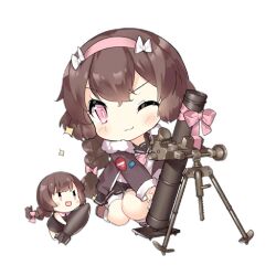 2girls :3 :d ammunition artillery_fairy_(girls&#039;_frontline) badge black_sailor_collar black_skirt blush blush_stickers bomb bow bowtie braid brown_dress brown_hair brown_jacket brown_shoes button_badge chibi closed_mouth dress explosive fairy_(girls&#039;_frontline) full_body fur-trimmed_jacket fur_trim girls&#039;_frontline hair_bow hairband holding holding_bomb jacket kneeling long_hair long_sleeves looking_at_viewer mortar_(weapon) mortar_shell multiple_girls official_art one_eye_closed open_mouth pink_bow pink_bowtie pink_eyes pink_hairband pink_ribbon ribbon sailor_collar saru shirt shoes shorts simple_background single_braid skirt slit_pupils smile sparkle third-party_source transparent_background v-shaped_eyes white_bow white_shirt white_shorts |_|