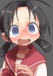 1girl black_hair blue_eyes blush forehead grief_loss highres hinayama_rio long_hair open_mouth pink_shirt sailor_collar school_uniform serafuku shirt solo sweat to_heart to_heart_(series) twintails upper_body wide-eyed
