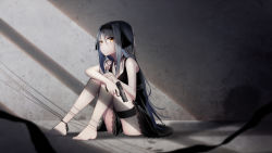 1girl :o absurdres bare_arms bare_shoulders barefoot black_dress black_headband blue_hair breasts brown_eyes cleavage collarbone commentary dress female_focus glock gun hair_between_eyes hand_on_own_knee handgun headband highres holding holding_gun holding_weapon long_hair looking_at_viewer looking_to_the_side original parted_lips sleeveless sleeveless_dress small_breasts solo the_cold thigh_strap very_long_hair weapon weapon_request