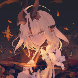 1girl absurdres ahoge arknights black_gloves blonde_hair bodystocking brown_horns closed_mouth commentary english_commentary flower gloves hair_flower hair_ornament highres horns kira_guil long_hair looking_at_viewer magic mixed-language_commentary orange_pupils reed_(arknights) reed_the_flame_shadow_(arknights) slit_pupils solo upper_body white_flower yellow_eyes