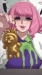 1girl bow breasts character_charm charm_(object) collared_shirt drill_hair eyeshadow fingernails flipped_hair fur_jacket gold hair_bow hairband half-closed_eyes highres jacket klara_(pokemon) labubu lipstick long_eyelashes long_fingernails looking_at_viewer makeup mole mole_under_mouth nail_polish nintendo parted_lips pink_eyeshadow pink_hair pink_lips pink_nails pokemon pokemon_swsh print_shirt purple_eyes purple_eyeshadow riz shirt short_hair smile solo teeth twin_drills two-tone_shirt upper_body upper_teeth_only white_bow white_hairband