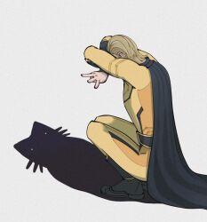 1boy blonde_hair blue_cape bodysuit boots cape cat_shadow_puppet_(meme) highres marvel marvel_cinematic_universe meme sentry_(marvel) shadow thunderbolts_(film) whiskers white_eyes yamuoez yellow_bodysuit