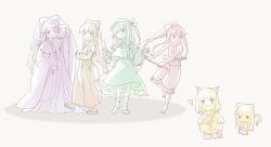 2girls ? alice_margatroid alternate_costume animal_ears barefoot bow bowtie commentary_request cosplay detached_sleeves hair_bow hakurei_reimu hat heart highres holding holding_sword holding_weapon interlocked_fingers japanese_clothes karaqia kimono label_girl_(dipp) label_girl_(dipp)_(cosplay) long_hair long_sleeves multiple_girls multiple_views ofuda open_mouth own_hands_together pants sandals shoes short_sleeves smile socks sword toes touhou veil very_long_hair weapon wide_sleeves