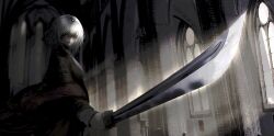 1other absurdres black_coat character_request church closed_mouth coat highres holding holding_sword holding_weapon i_wanna_be_the_justice_guy indoors lubban medium_hair shaded_face sunlight sword weapon white_hair window