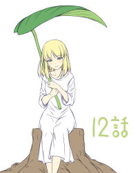 1girl blonde_hair cayna_(leadale_no_daichi_nite) closed_mouth commentary_request dress elf feet_out_of_frame green_eyes highres holding leadale_no_daichi_nite looking_at_viewer medium_hair official_art parted_bangs pointy_ears simple_background sitting smile solo tenmaso translation_request white_background white_dress