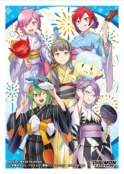 Rule 34 | 5girls, aegiomon, artist name, bag, birdramon, black kimono, blue eyes, blue kimono, blush stickers, bottle, card (medium), character mask, character name, commentary request, copyright name, cotton candy, digimon, digimon card game, digimon story: time stranger, digimon world re:digitize, double bun, fireworks, food, garudamon, glasses, green hair, grey eyes, grey hair, group picture, hair bun, hand fan, high ponytail, holding, holding bag, holding bottle, holding cotton candy, holding fan, holding food, holding mask, hououmon, ikayaki, japanese clothes, jyarimon, kimono, long hair, mask, mikagura mirei, misono inori, multiple girls, nakano haito, official art, one eye closed, open mouth, orange eyes, pink eyes, pink hair, piyomon, ponytail, purple eyes, purple hair, purple kimono, red hair, rindou akiho, shinomiya rina, shiramine nokia, short hair, simple background, smile, tongue, tongue out, trading card, translation request, two-tone kimono, v-mon, w, white background, white kimono, yellow kimono, yukata