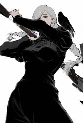 1girl animal animal_on_shoulder arms_up axe bird bird_on_shoulder black_dress braid braided_bangs braided_ponytail breasts cowboy_shot crow dress fighting_stance grey_hair hair_over_one_eye highres holding holding_axe jujutsu_kaisen long_sleeves looking_down medium_breasts mei_mei_(jujutsu_kaisen) nail_polish puffy_sleeves purple_eyes purple_nails shki00 simple_background solo white_background