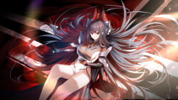 Rule 34 | 1girl, absurdres, alvitr (azur lane), azur lane, black gloves, black hair, breasts, commentary request, elbow gloves, feet out of frame, gloves, hair spread out, highres, horns, large breasts, large horns, leotard, long hair, looking at viewer, multicolored horns, red eyes, red horns, sitting, solo, thunder-35, two-tone horns, very long hair, white horns, white leotard