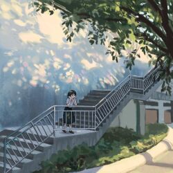 1girl black_skirt building day garage grass highres leaf nihiru0513 original outdoors plant short_hair skirt solo stairs standing sunlight tree
