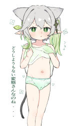1girl absurdres animal_ears belly genshin_impact green_eyes highres kemonomimi_mode loli looking_at_viewer nahida_(genshin_impact) navel panties pointy_ears print_panties solo stomach tail talking underwear youyoukai