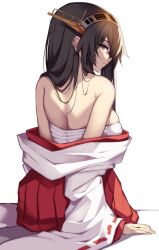 1girl absurdres black_hair breasts brown_eyes creek_(moon-sky) detached_sleeves hairband haruna_(kancolle) haruna_kai_ni_(kancolle) headgear highres japanese_clothes kantai_collection large_breasts long_hair looking_at_viewer looking_back nontraditional_miko ribbon-trimmed_sleeves ribbon_trim sarashi sitting smile solo very_long_hair wide_sleeves