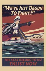 1girl aircraft aircraft_carrier airplane azur_lane battleship border collared_shirt commentary destroyer english_commentary english_text enterprise_(azur_lane) hand_on_own_hip hat jacket long_hair looking_to_the_side military_hat military_jacket military_vehicle navy necktie ocean panzsan parody pointing poster_(medium) poster_parody propaganda propeller_fighter red_sky ship shirt skirt sky very_long_hair warship watercraft white_hair white_headwear white_shirt world_war_ii