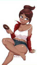 absurdres arm_support asahina_aoi barefoot blue_shorts breasts brown_hair camisole cleavage commentary crossed_arms danganronpa:_trigger_happy_havoc danganronpa_(series) dark-skinned_female dark_skin donut english_commentary feet food grey_eyes highres holding holding_food invisible_chair large_breasts linea.ani.inc midriff navel off_shoulder open_fly open_mouth parted_lips petite ponytail raised_eyebrow red_eyes short_shorts shorts signature sitting smile strap_slip sweatdrop thighs toes white_camisole