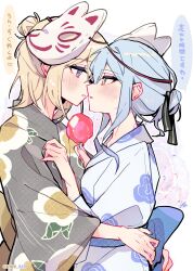 Rule 34 | 2girls, bang dream!, bang dream! it&#039;s mygo!!!!!, blonde hair, blue kimono, blush, commentary request, eye contact, floral print, grey kimono, hair ribbon, highres, hug, japanese clothes, kimono, kyou 039, long hair, looking at another, misumi uika, multiple girls, open mouth, ribbon, togawa sakiko, translation request, white background, yellow eyes, yuri