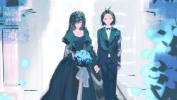 1boy 1girl antenna_hair arm_at_side black_dress black_jacket black_pants black_sclera black_veil blazer blue_border blue_eyes blue_flower blue_hair border bouquet bridal_veil brown_hair colored_sclera dress expressionless facing_viewer flower formal_clothes hair_over_one_eye hair_slicked_back half-closed_eyes highres holding holding_bouquet holding_flower holding_hands interlocked_fingers jacket light_smile looking_at_viewer mochizuki_ryouji ornate_border pants persona persona_3 ribbon side-by-side songbingchu tuxedo veil wedding wedding_dress white_background white_ribbon yamagishi_fuuka