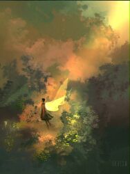 1boy barefoot black_hair bush dkaism dress faceless fairy full_body glowing green_dress insect_wings original painterly short_hair solo sunlight transparent_wings wings