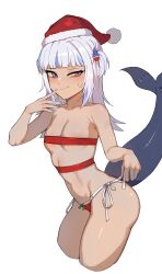 1girl absurdres alternate_costume animal_hood bare_shoulders bikini blue_eyes blue_hair blunt_bangs blush breast_band breasts covered_erect_nipples fins fish_tail gawr_gura gift_wrapping hair_ornament hat highres hololive hololive_english hood iver_(reviolet) long_hair merry_christmas multicolored_hair navel santa_bikini santa_costume santa_hat shark_girl shark_hair_ornament shark_hood shark_print shark_tail small_breasts solo streaked_hair string_bikini swimsuit tail two_side_up virtual_youtuber white_background white_hair