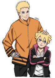 Rule 34 | 2boys, bandaged hand, bandages, black jacket, black pants, blonde hair, blue eyes, boruto: naruto next generations, closed mouth, crossed arms, facial mark, father and son, hair between eyes, hand on another&#039;s head, hand on own hip, highres, jacket, jewelry, long sleeves, looking to the side, male focus, multiple boys, naruto (series), necklace, open clothes, open jacket, orange shirt, pants, shirt, short hair, smile, uzumaki boruto, uzumaki naruto, weibinln, whisker markings, white background, white shirt, zipper, zipper pull tab