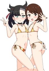 2girls :d :o ass asymmetrical_bangs bikini black_hair black_nails blush bob_cut brown_eyes brown_hair earrings flat_chest gloria_(pokemon) gold_bikini green_eyes hair_ribbon hand_on_another&#039;s_ass highres jewelry loli marnie_(pokemon) medium_hair multiple_girls navel nintendo open_mouth pokemon pokemon_swsh ribbon short_hair side-tie_bikini_bottom simple_background single_earring smile stomach stud_earrings swimsuit twintails undercut w white_background yiku1707