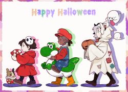 1girl 2boys :d aged_down black_hair boo_(mario) boots brown_footwear closed_eyes closed_mouth commentary cosplay creatures_(company) crossover dark-skinned_male dark_skin fang from_side game_freak gen_8_pokemon halloween happy_halloween hat highres holding jack-o&#039;-lantern long_sleeves mario mario_(cosplay) mario_(series) marnie_(pokemon) mask mask_on_head morpeko morpeko_(full) multiple_boys mushroom nintendo open_mouth piers_(pokemon) piranha_plant piranha_plant_(cosplay) pokemon pokemon_swsh raihan_(pokemon) red_headwear shoes short_hair shy_guy shy_guy_(cosplay) smile standing yoshi zigzagdb