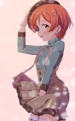 1girl bag black_hat blue_sweater blush bracelet breasts brown_bag brown_dress brown_skirt dress earrings floating_clothes from_side hair_ornament hairclip hand_on_headwear hat highres hoshizora_rin jewelry long_sleeves looking_at_viewer looking_to_the_side love_live! love_live!_school_idol_project necklace orange_hair pink_background ribbed_sweater ribbon-trimmed_thighhighs ribbon_trim sen_(sen0910) short_hair shoulder_bag simple_background skirt small_breasts solo standing suspender_skirt suspenders sweater thighhighs turtleneck turtleneck_sweater