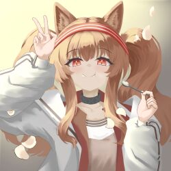 Rule 34 | 1girl, absurdres, angelina (arknights), animal ears, arknights, birthday, black collar, blackshibainu, blush, closed mouth, coat, collar, collarbone, commentary, dot nose, earpiece, english commentary, falling petals, food in mouth, fox ears, gradient background, grey background, hairband, hand up, highres, holding, holding spoon, infection monitor (arknights), jacket, long hair, long sidelocks, looking at viewer, open clothes, open coat, open jacket, petals, red eyes, red hairband, red jacket, sidelocks, solo, spoon, straight-on, striped clothes, striped hairband, teaspoon, twintails, two-tone hairband, upper body, v, white coat