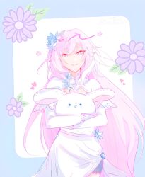 1girl alternate_costume commentary diamond-shaped_pupils diamond_(shape) dress elf elysia_(herrscher_of_human:_ego)_(honkai_impact) elysia_(honkai_impact) english_commentary floral_background flower hair_flower hair_ornament heart highres holding holding_stuffed_toy honkai_(series) honkai_impact_3rd karetokoi long_hair pink_hair pointy_ears purple_eyes smile solo stuffed_animal stuffed_toy symbol-shaped_pupils very_long_hair white_dress