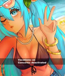 absurdres beach bikini black_bikini blue_eyes blue_hair brazilian_miku breasts flower flower_on_head glasses_on_head hatsune_miku highres kagamine_rin large_breasts medium_breasts ran_sk swimsuit twintails vocaloid