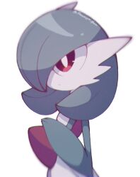 bob_cut colored_skin gardevoir gen_3_pokemon green_hair green_skin hair_over_one_eye multicolored_skin narumiya_pkmn nintendo pink_eyes pokemon pokemon_(creature) signature simple_background two-tone_skin white_background white_skin