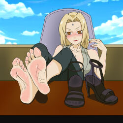 1girl absurdres barefoot blonde_hair blush brown_eyes choko_(cup) cup feet highres long_hair looking_at_viewer mature_female naruto_(series) shoes soles tatsueater toes tsunade_(naruto) unworn_shoes
