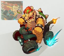 1boy armlet bowser bracelet character_name claws collar commentary dated english_commentary furry furry_male highres horns hypnof0xx jewelry looking_at_viewer male_focus mario_(series) mario_kart mario_kart_world motor_vehicle motorcycle nintendo on_all-terrain_vehicle on_motorcycle open_mouth photo-referenced raised_eyebrow red_hair reference_inset signature smile spiked_armlet spiked_bracelet spiked_collar spiked_shell spikes