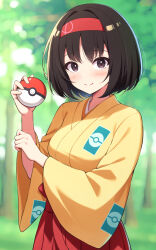 Rule 34 | 1girl, black hair, blurry, blurry background, blush, closed mouth, commentary request, day, erika (pokemon), hairband, hakama, hakama skirt, happy, holding, holding poke ball, japanese clothes, kimono, looking at viewer, misogi yasan, nintendo, outdoors, poke ball, poke ball (basic), pokemon, pokemon frlg, red hairband, red hakama, short hair, skirt, smile, solo, yellow kimono