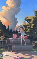 1girl alien artist_name backpack bag blue_sky blush brown_eyes brown_hair child comforting commentary_request denim denim_shorts fence film_grain forest hand_up heavy_film_grain highres industrial_pipe iron_fence ito_yoshi kuze_shizuka nature no_socks open_mouth orange_clouds outdoors pink_ribbon raised_inner_eyebrows randoseru ribbon rubbing_eyes scenery shirt shoes short_hair short_shorts short_sleeves shorts sky sneakers sunlight sunset t-shirt takopii takopii_no_genzai tree watermark white_shirt white_shoes wide_shot
