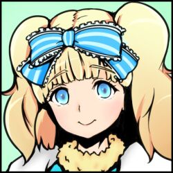 1girl blonde_hair blue_bow blue_eyes blunt_bangs blush bow closed_mouth commentary_request frilled_bow frills fur_collar hair_bow long_hair looking_at_viewer lowres official_alternate_costume portrait ragnarok_iris ragnarok_online simple_background smile solo sorcerer_(ragnarok_online) twintails upper_body