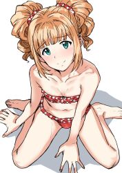 Rule 34 | 1girl, bare shoulders, barefoot, bikini, blush, breasts, cleavage, closed mouth, collarbone, commentary request, from above, full body, green eyes, hair ornament, hair scrunchie, highres, idolmaster, idolmaster (classic), looking at viewer, looking up, navel, orange hair, polka dot, polka dot bikini, polka dot scrunchie, red bikini, red scrunchie, scrunchie, shadow, simple background, sitting, small breasts, smile, solo, swimsuit, takatsuki yayoi, tsurui, twintails, white background