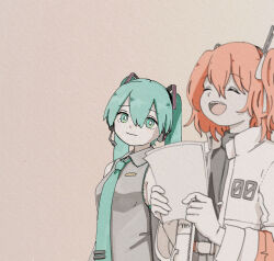 Rule 34 | 2girls, a.i. voice, absurdres, adachi rei, aqua eyes, aqua hair, aqua necktie, arms at sides, belt, black shirt, blurry, blurry foreground, brown background, closed eyes, closed mouth, collared shirt, commentary, gloves, grey shirt, hair ornament, hair ribbon, hands up, hatsune miku, headlamp, headphones, highres, holding, holding paper, jacket, long hair, long sleeves, looking at another, loose necktie, microphone, multiple girls, necktie, one side up, open clothes, open jacket, open mouth, orange belt, paper, radio antenna, ribbon, sabaku (saba9), shirt, sleeveless, sleeveless shirt, smile, tie clip, traditional media, turtleneck, twintails, upper body, utau, vocaloid, watercolor pencil (medium), white gloves, white jacket, white ribbon