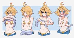 1girl absurdres alternate_costume antenna_hair aqua_eyes bare_shoulders bikini bikini_under_clothes blonde_hair blue_background blue_pants blush border closed_mouth collarbone commentary covering_privates cropped_legs crossed_arms denim dokibird_(vtuber) dokibird_(vtuber)_(bounty_hunter) english_commentary facing_ahead facing_to_the_side fangs flustered gold_bikini golden_week hair_ornament hairclip highres holding indie_virtual_youtuber looking_at_viewer mat_(matdesenheiro) medium_hair multiple_views navel open_mouth outside_border pants shirt simple_background skin_fangs spiked_hair stomach swimsuit undressing virtual_youtuber watermark wet wet_clothes wet_shirt white_border white_shirt wringing_clothes x_hair_ornament