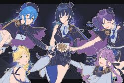 5girls :d :p ;d absurdres asaka_karin birthday_connection black_jacket blonde_hair blue_eyes blue_hair blue_hat blue_pantyhose blue_skirt blunt_bangs boots braid character_name closed_mouth commentary cropped_jacket cropped_shirt crossed_bangs crown_braid dark_background dark_blue_hair detached_sleeves green_eyes grey_background grey_footwear grey_hat grey_jacket grey_shirt grey_sleeves hair_between_eyes hat highres hito_(maruhito) in-franchise_crossover jacket june knee_boots letterboxed link!_like!_love_live! long_hair long_hair_between_eyes looking_at_viewer love_live! love_live!_nijigasaki_high_school_idol_club love_live!_school_idol_project love_live!_sunshine!! love_live!_superstar!! medium_hair midriff mini_hat mini_top_hat miniskirt multiple_girls navel ohara_mari one_eye_closed open_mouth orange_eyes otomune_kozue outside_border pantyhose parted_bangs ponytail purple_hair shirt side_ponytail side_slit single_leg_pantyhose skirt sleeveless sleeveless_jacket smile split_mouth teeth tilted_headwear tojo_nozomi tongue tongue_out top_hat wakana_shiki