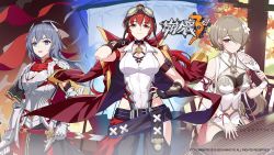 Rule 34 | 3girls, armor, bare shoulders, black hair, black pants, blue eyes, brown gloves, brown hair, china dress, chinese clothes, closed mouth, collared shirt, dress, fingerless gloves, flower, fu hua, fu hua (fire and sword), fu hua (phoenix), gauntlets, gloves, goggles, goggles on head, hair flower, hair ornament, hair over one eye, hand fan, hand on own hip, highres, holding, holding fan, holding sword, holding weapon, honkai (series), honkai impact 3rd, jacket, long hair, looking at viewer, mole, mole under eye, multiple girls, murata himeko, murata himeko (arctic kriegsmesser), murata himeko (frisian cutlass), official art, open mouth, pants, ponytail, purple eyes, red hair, red jacket, rita rossweisse, rita rossweisse (artemis), rita rossweisse (maid of celestia), shirt, sleeveless, sleeveless shirt, smile, sword, twintails, weapon, white dress, white flower, white shirt, yellow eyes