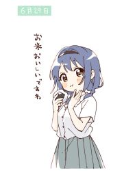 1girl :t black_hairband blue_hair blush_stickers braid brown_eyes closed_mouth collared_shirt commentary_request cropped_legs eating food furutani_himawari green_skirt hairband hands_up highres holding holding_food looking_at_viewer namori onigiri pleated_skirt shirt short_hair short_sleeves simple_background skirt solo translation_request twin_braids white_background white_shirt yuru_yuri