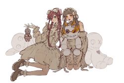 Rule 34 | 2girls, amo empool, black hair, braid, braided hair rings, brown shoes, corset piercing, detached sleeves, doll, dress, frilled sleeves, frills, gachiakuta, hair rings, highres, holding, holding doll, lolita fashion, long hair, long sleeves, looking at viewer, low twin braids, multiple girls, open mouth, orange eyes, orange hair, pink hair, puffy long sleeves, puffy sleeves, remonucha, ribbon, riyo reaper, shoes, sitting, smile, socks, twin braids, very long hair, white dress, white ribbon, white socks